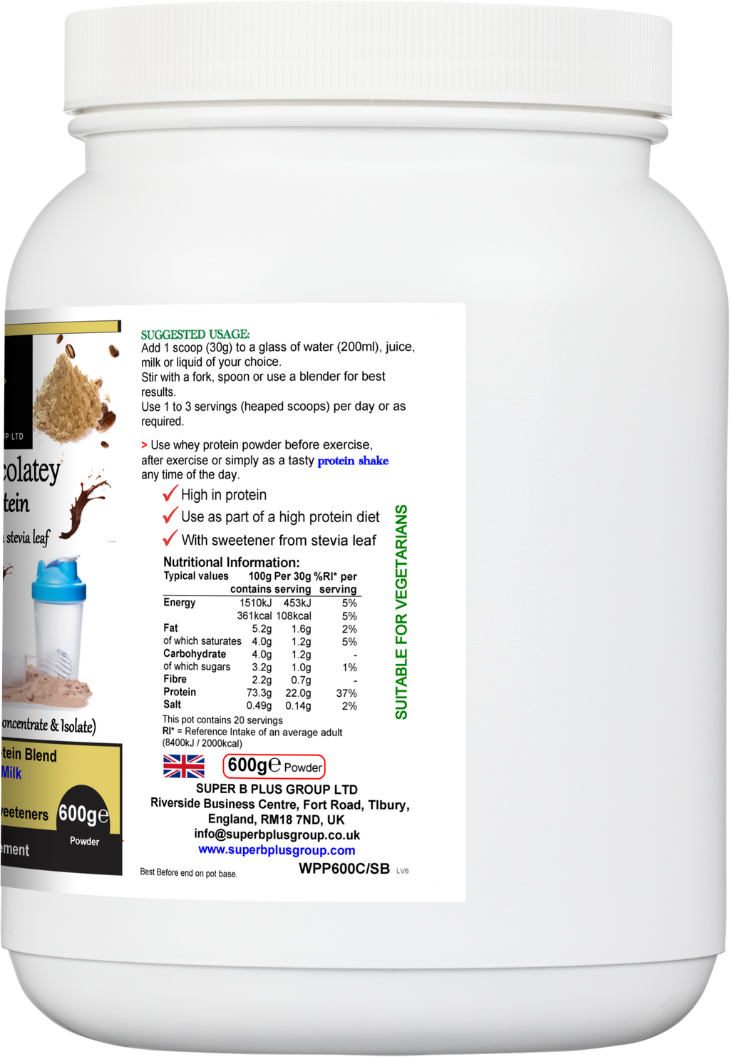 Tub of Super Chocolatey Whey Protein powder with nutritional label and branding on front — view 2