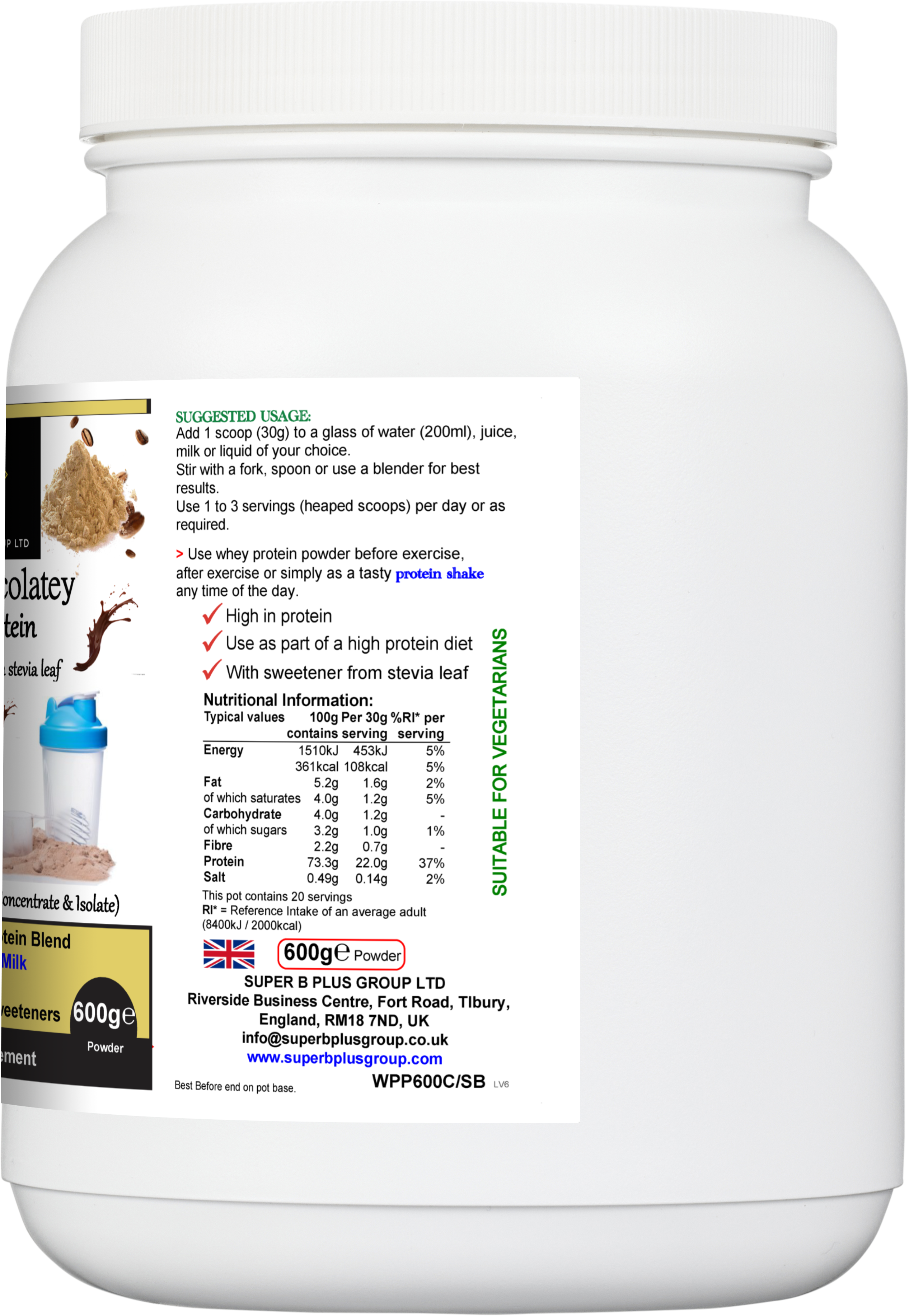 Tub of Super Chocolatey Whey Protein powder with nutritional label and branding on front — view 2