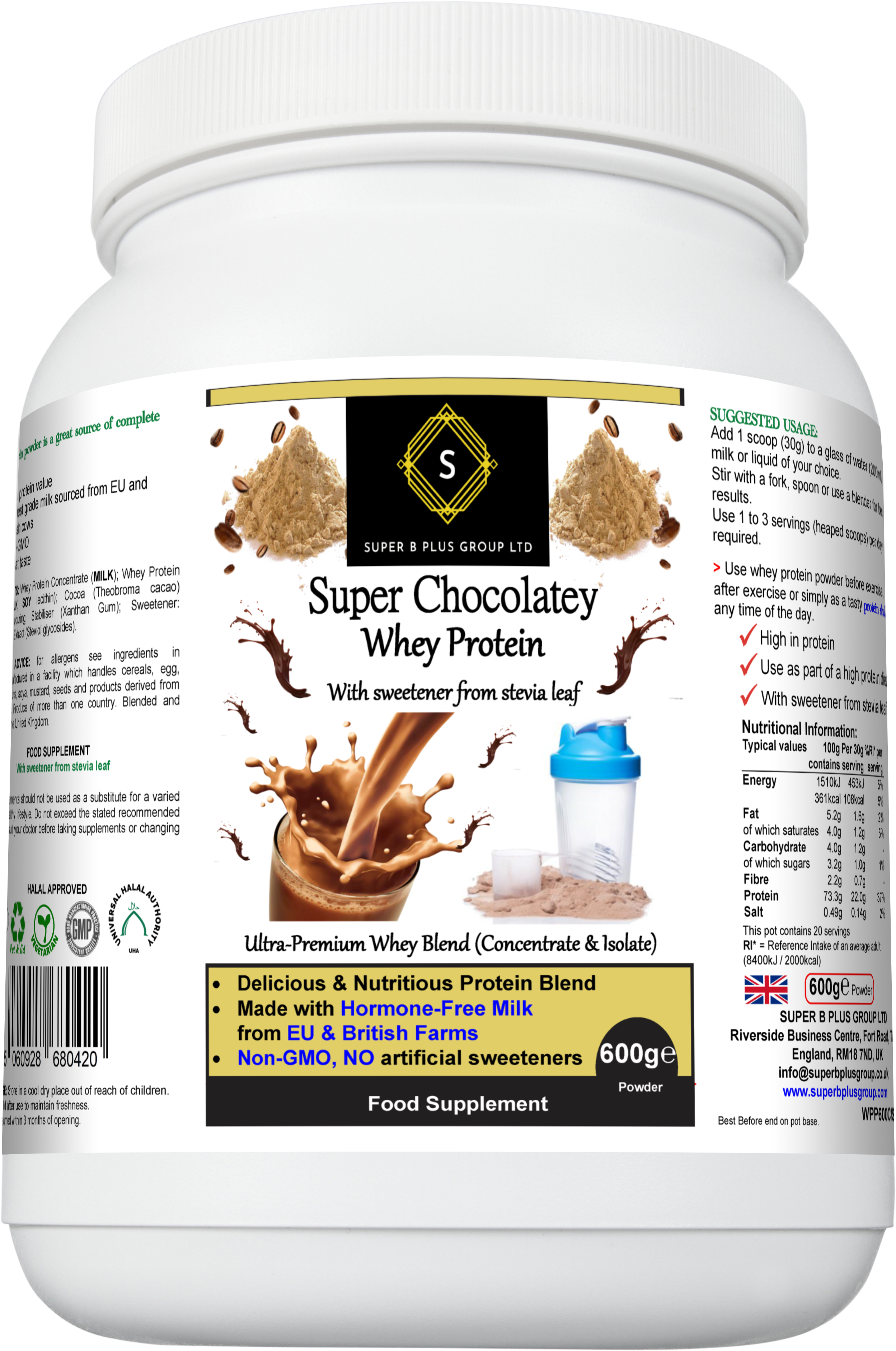 Tub of Super Chocolatey Whey Protein powder with nutritional label and branding on front — view 4