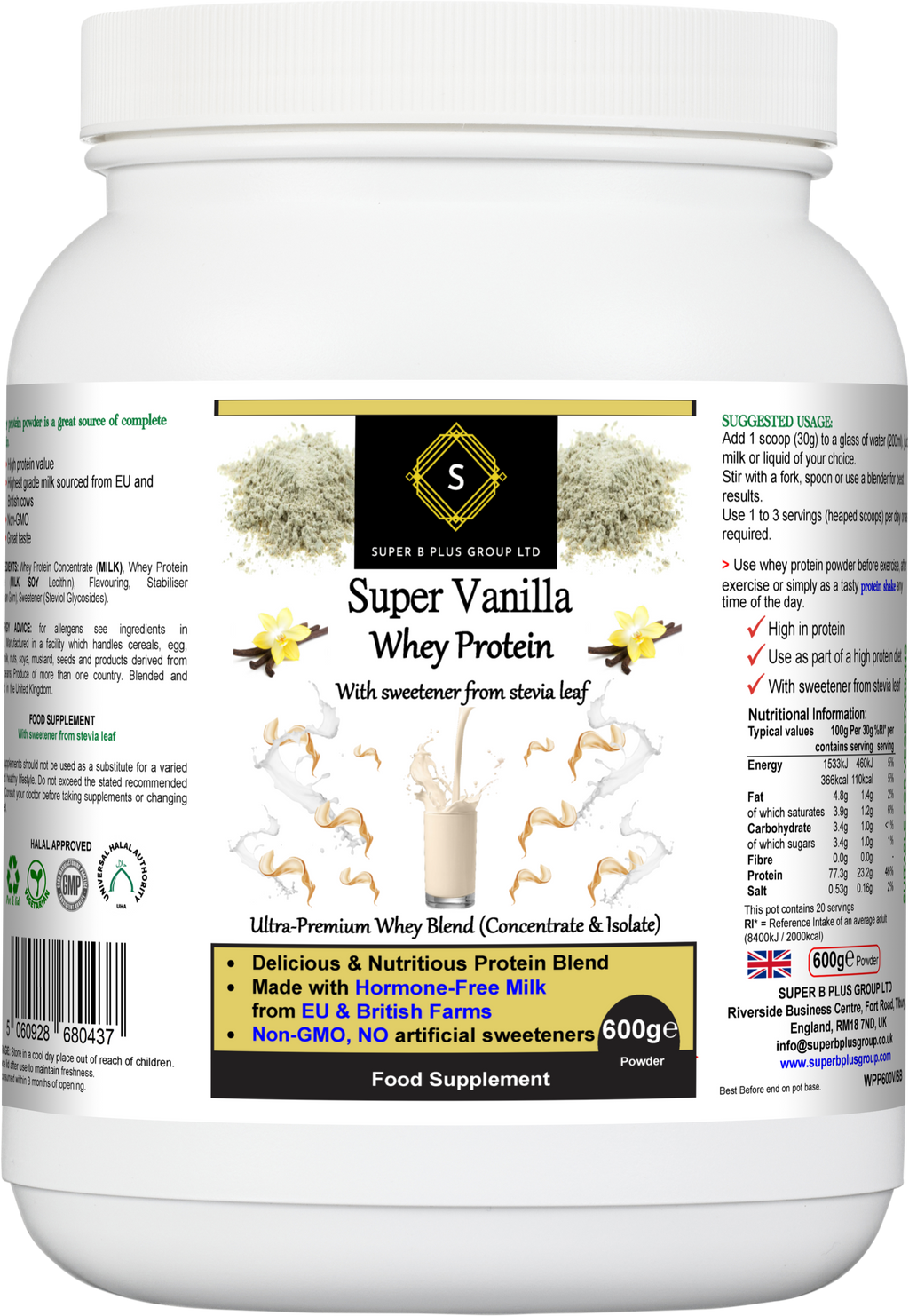 600g tub of Super Vanilla Whey Protein powder for muscle recovery and fitness nutrition
