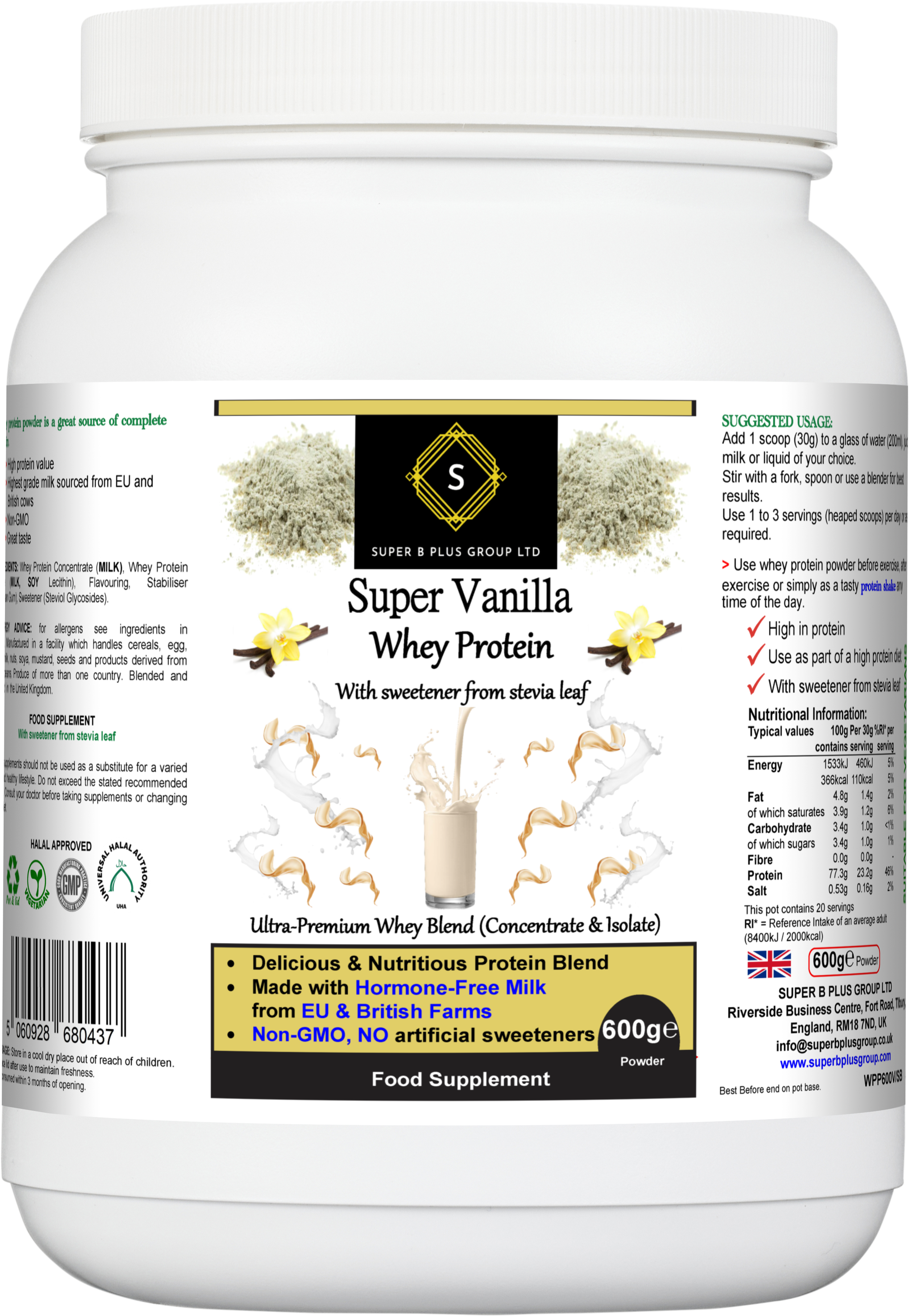 600g tub of Super Vanilla Whey Protein powder for muscle recovery and fitness nutrition