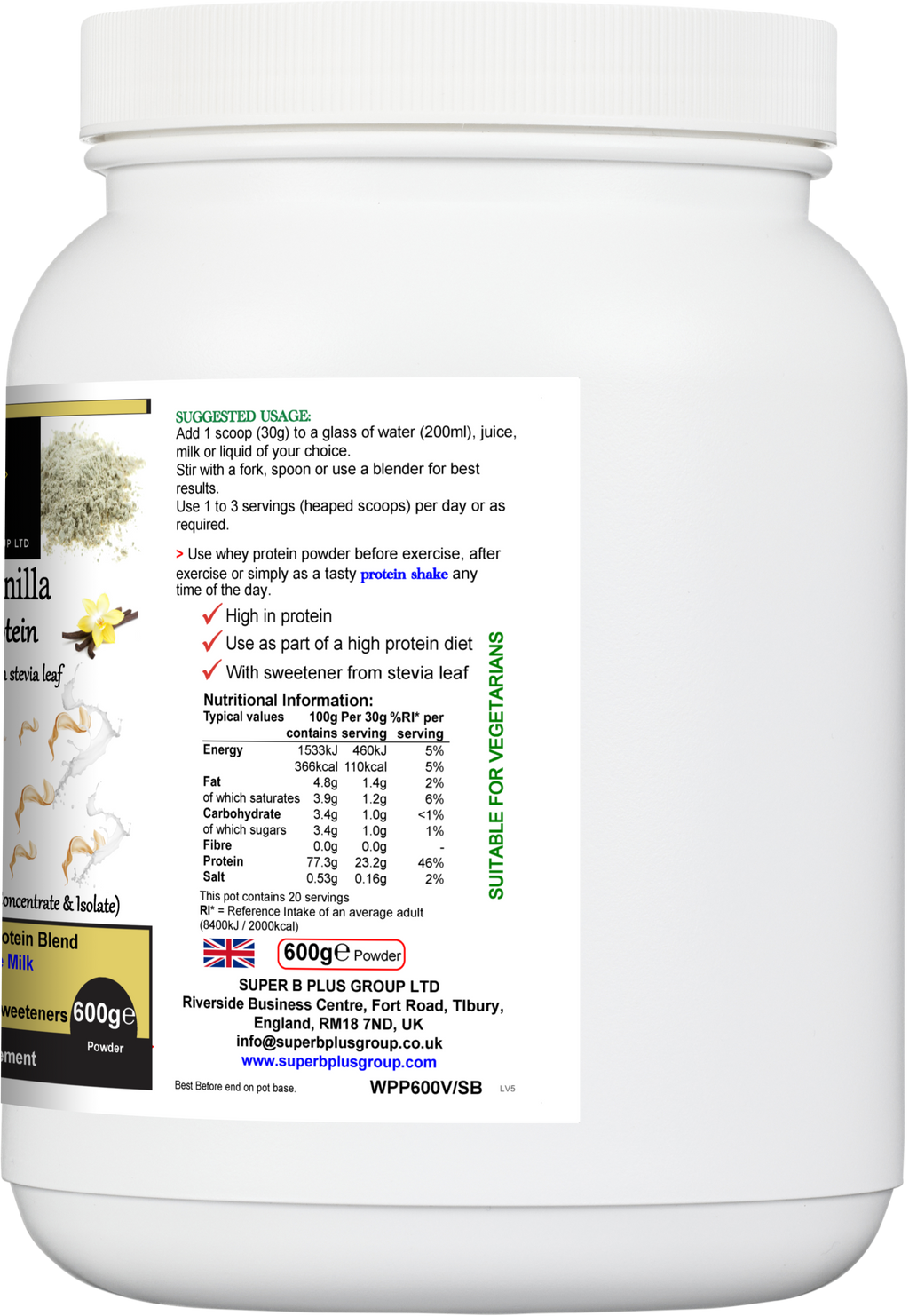 600g tub of Super Vanilla Whey Protein powder for muscle recovery and fitness nutrition — view 2