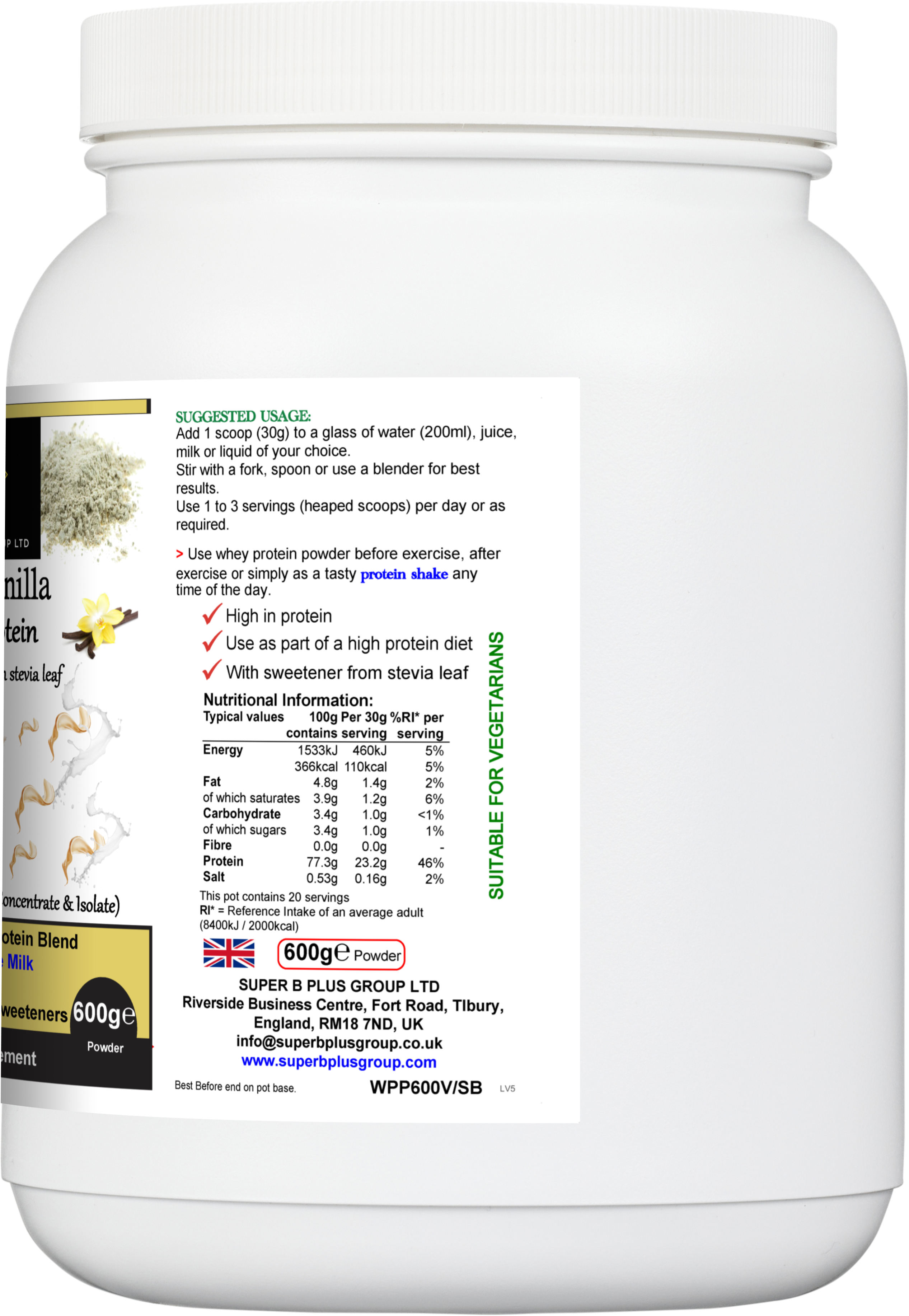 600g tub of Super Vanilla Whey Protein powder for muscle recovery and fitness nutrition — view 2