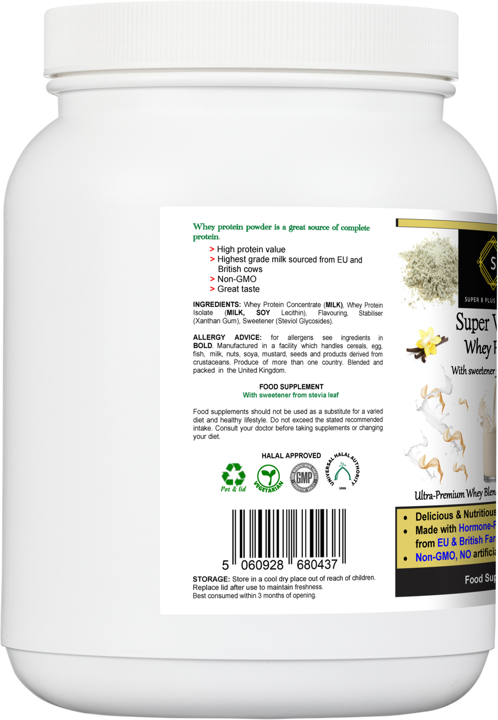 600g tub of Super Vanilla Whey Protein powder for muscle recovery and fitness nutrition — view 3
