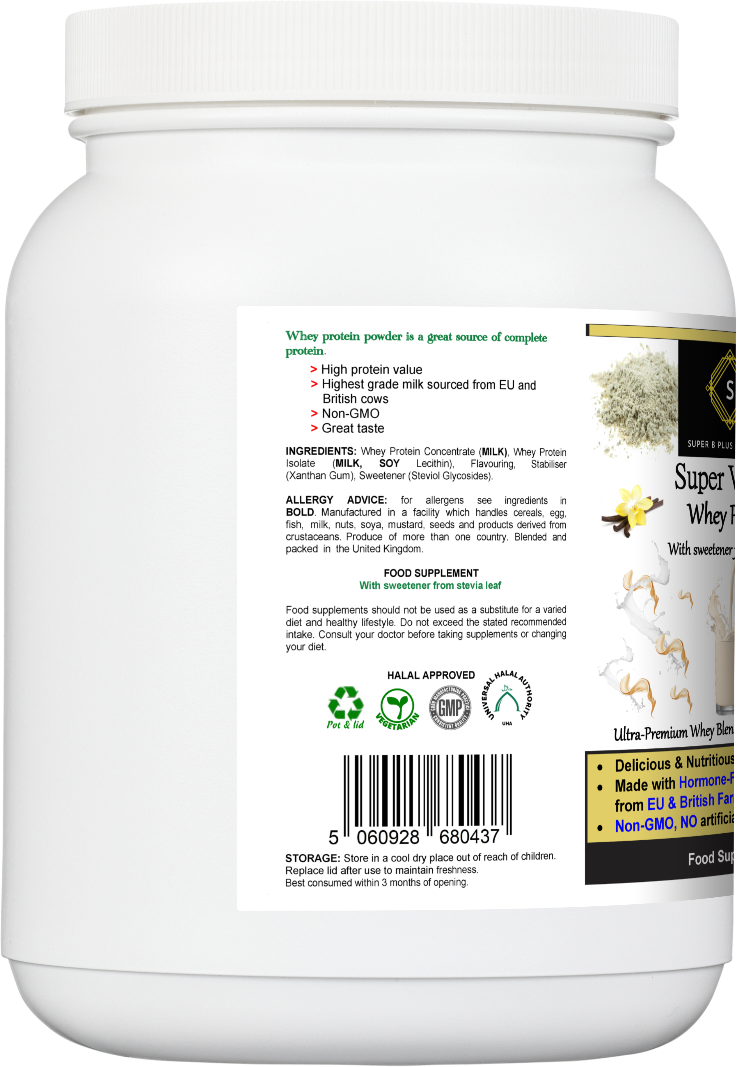 600g tub of Super Vanilla Whey Protein powder for muscle recovery and fitness nutrition — view 3