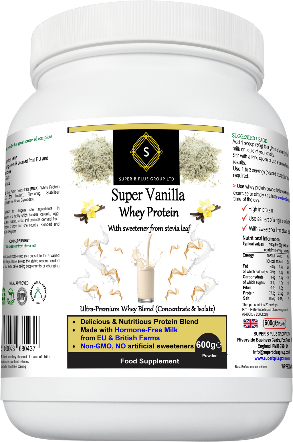 600g tub of Super Vanilla Whey Protein powder for muscle recovery and fitness nutrition — view 4
