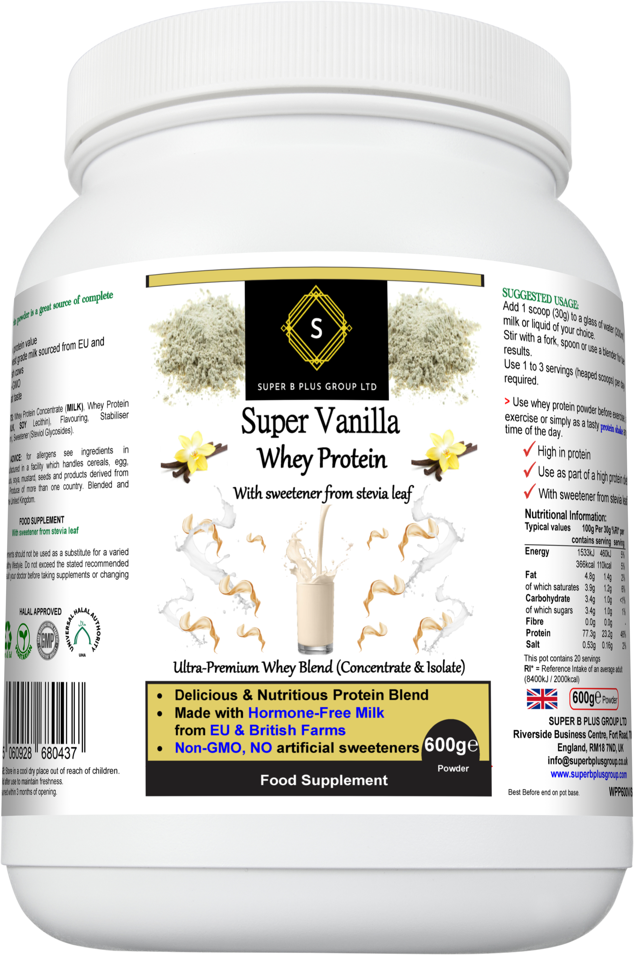 600g tub of Super Vanilla Whey Protein powder for muscle recovery and fitness nutrition — view 4