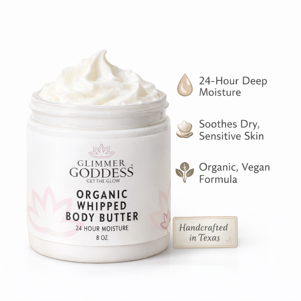 Organic whipped body butter for dry skin in a premium jar, showing rich cloud-like cream texture
