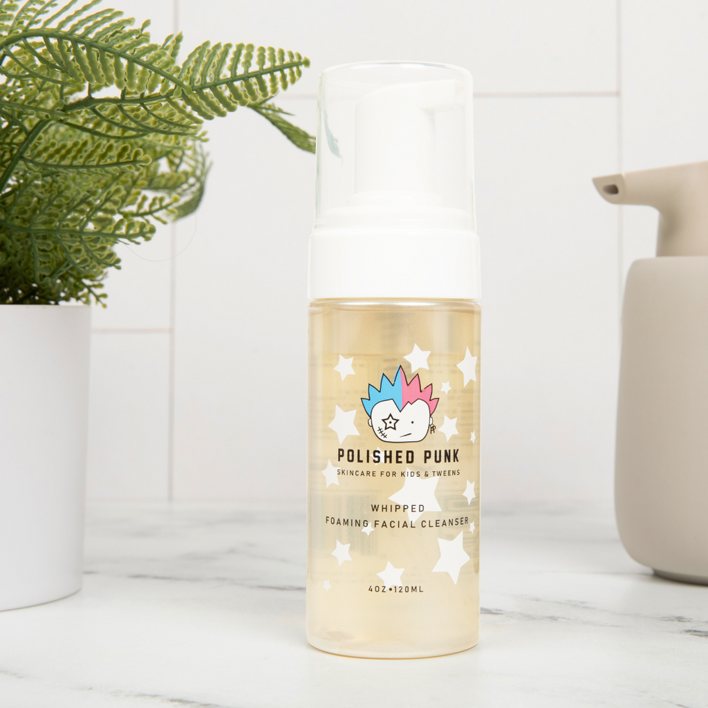 Kids whipped foaming facial cleanser bottle, gentle fragrance-free tear-free formula by Polished Punk
