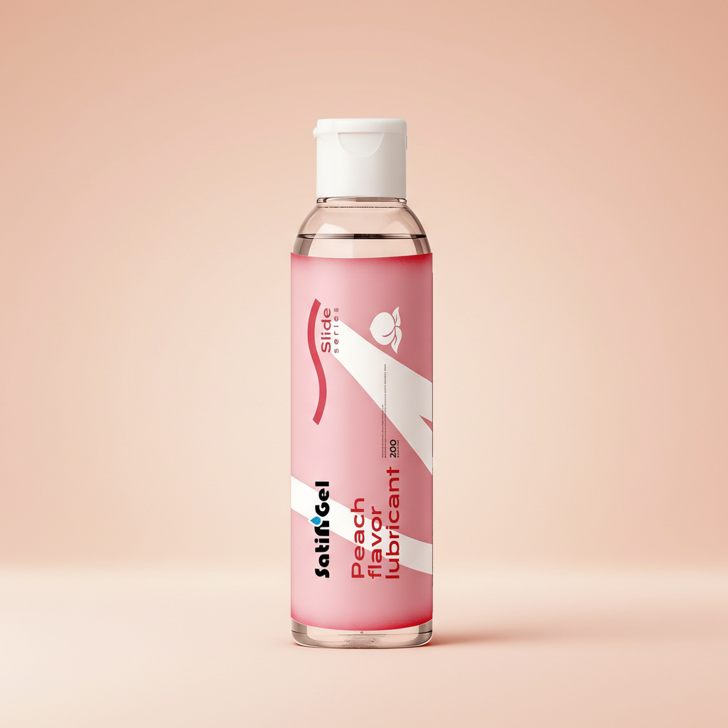 SatinGel peach flavored water-based personal lubricant bottle showcasing plant-based natural ingredients