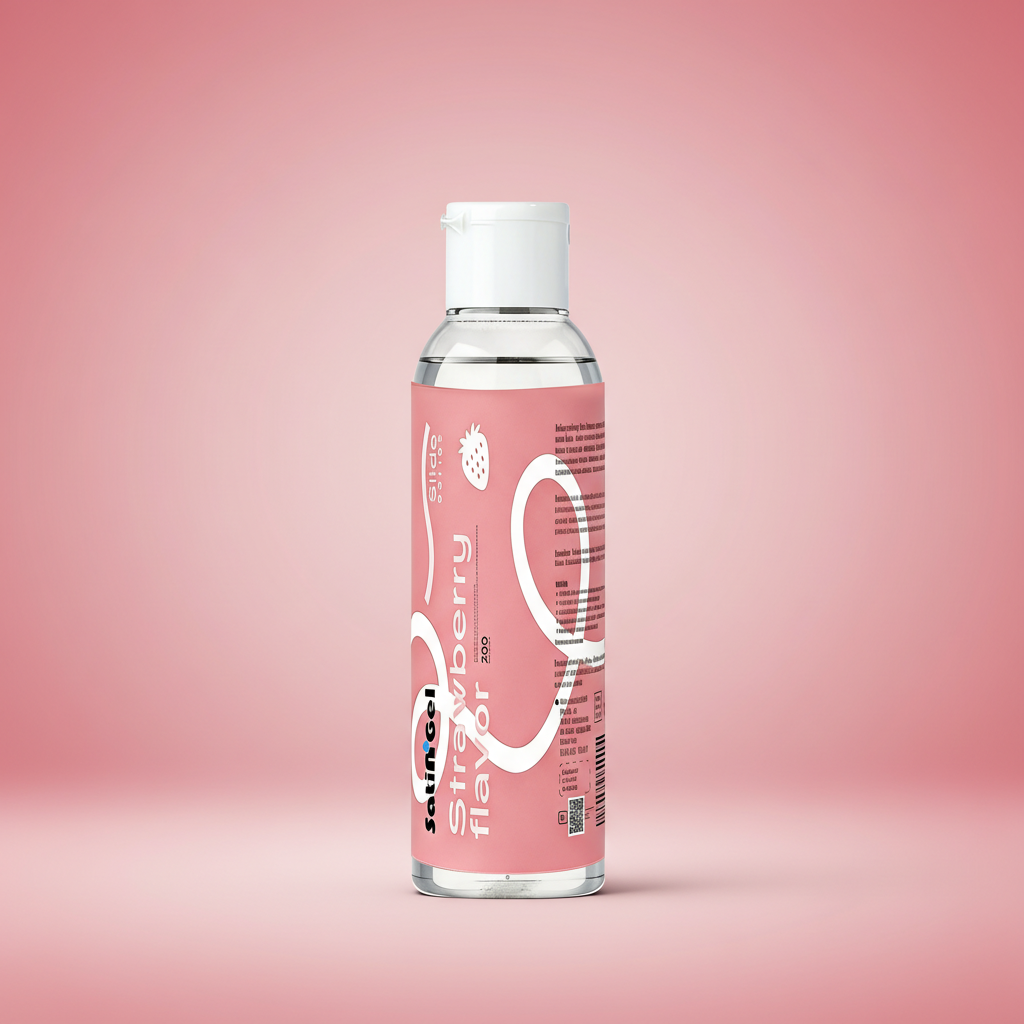 Strawberry flavored water-based personal lubricant gel bottle for couples intimacy and solo pleasure