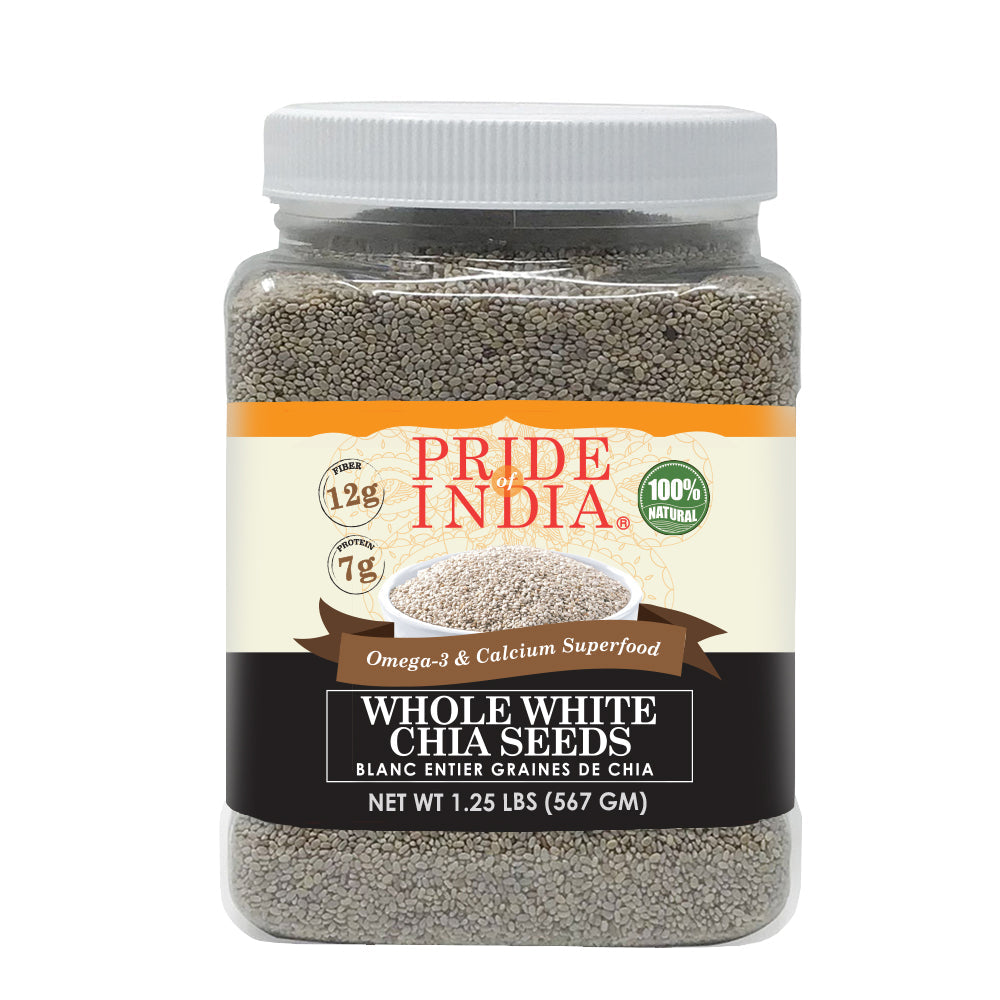 Whole white chia seeds in a premium clear jar highlighting natural superfood quality and texture