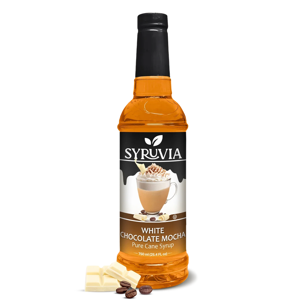 White chocolate mocha coffee syrup bottle with pure cane sugar label on a clean background