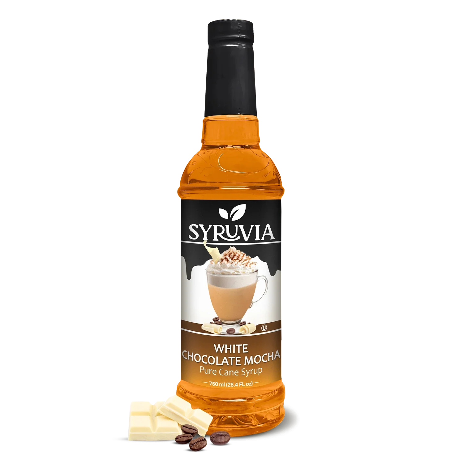 White chocolate mocha coffee syrup bottle with pure cane sugar label on a clean background