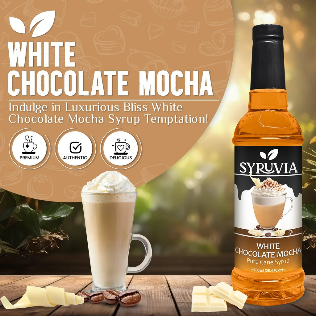 White chocolate mocha coffee syrup bottle with pure cane sugar label on a clean background — view 2