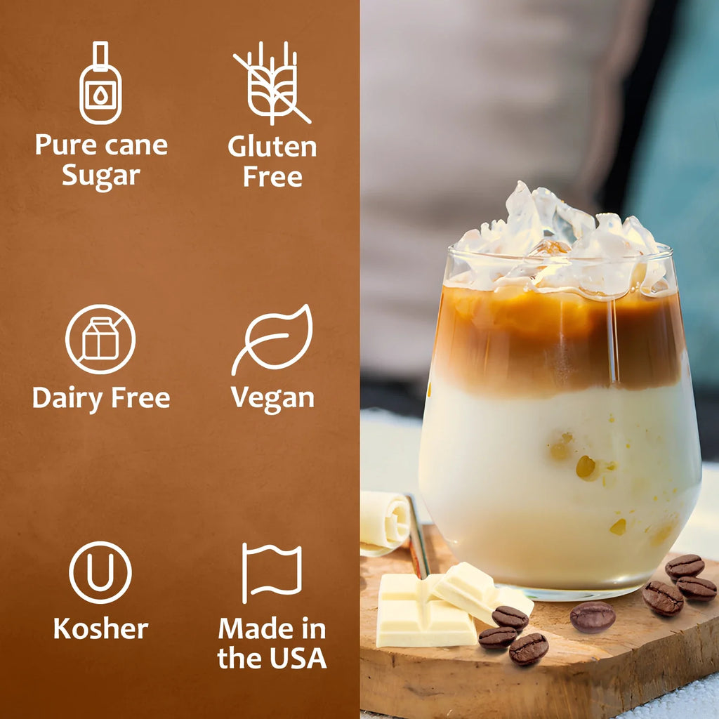 White chocolate mocha coffee syrup bottle with pure cane sugar label on a clean background — view 4