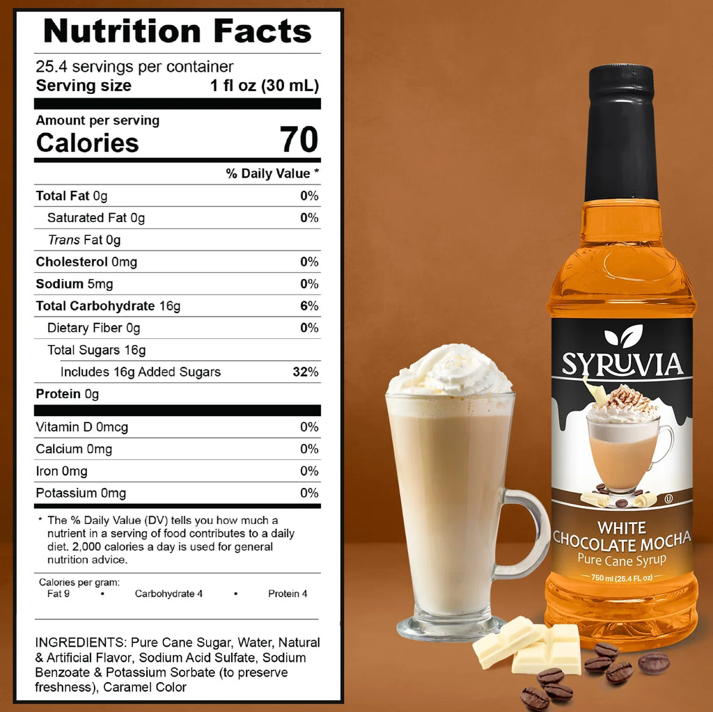 White chocolate mocha coffee syrup bottle with pure cane sugar label on a clean background — view 3