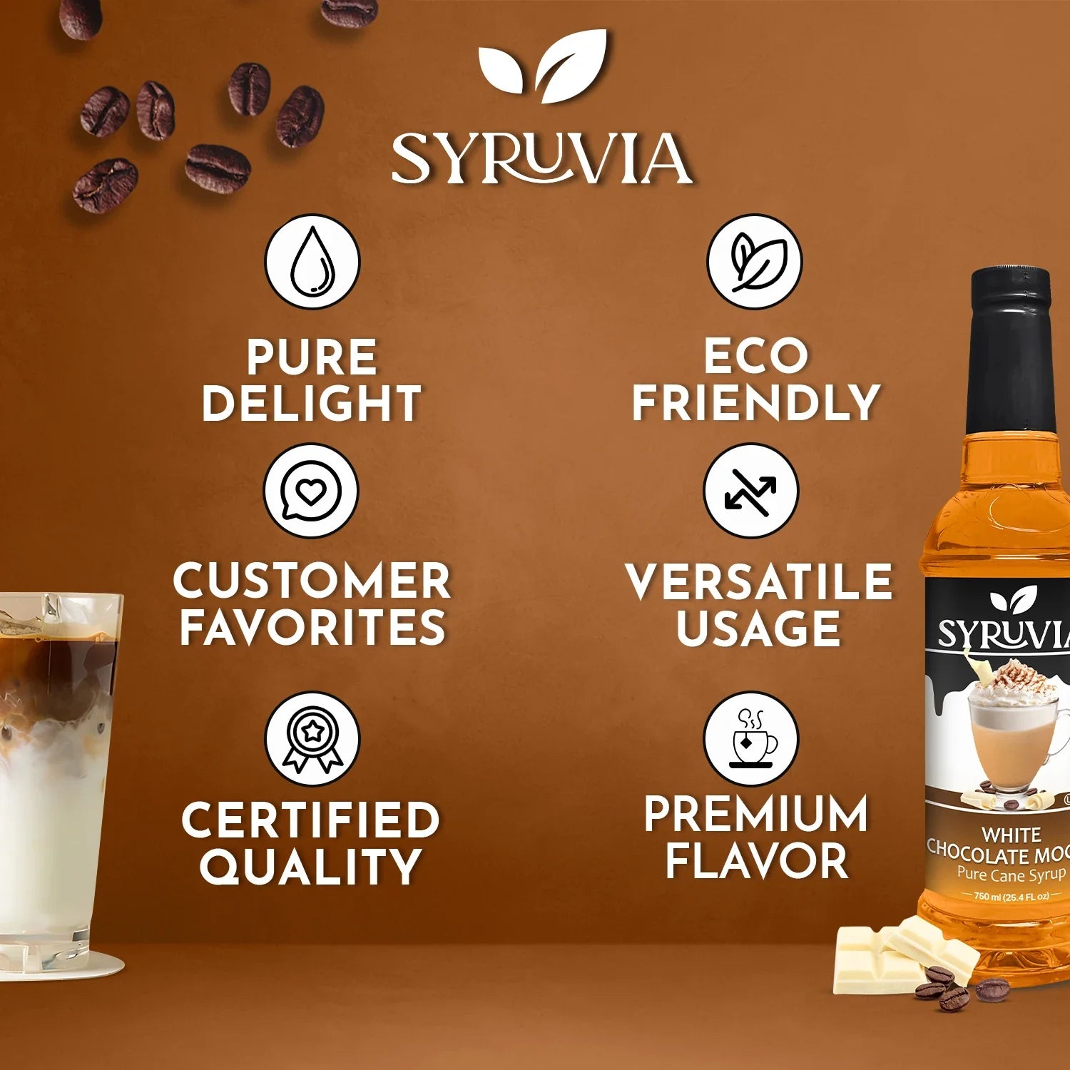White chocolate mocha coffee syrup bottle with pure cane sugar label on a clean background — view 5