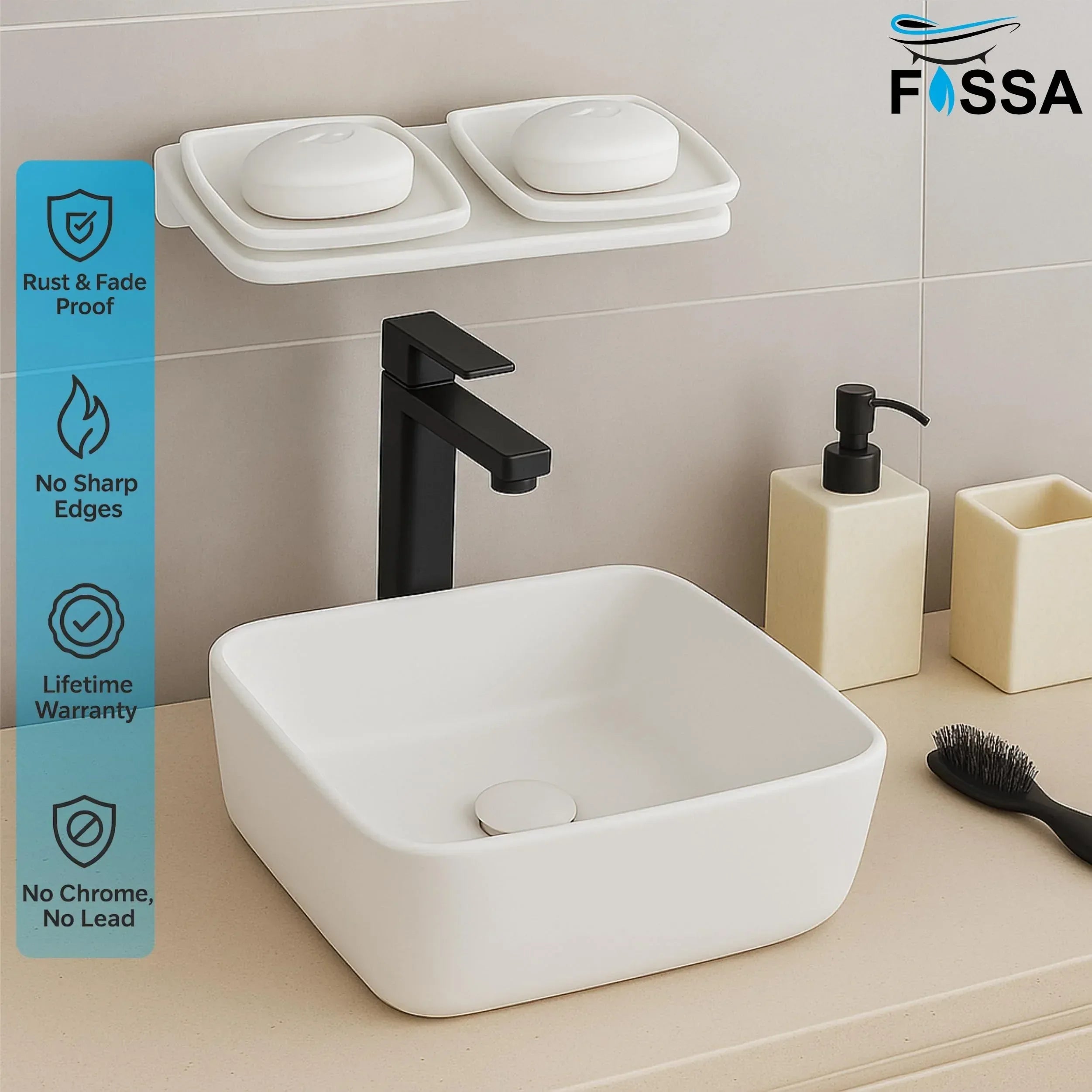 White unbreakable double soap dish with square ceramic finish design for modern bathroom organization — view 3