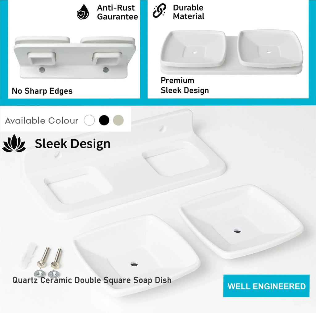 White unbreakable double soap dish with square ceramic finish design for modern bathroom organization — view 4