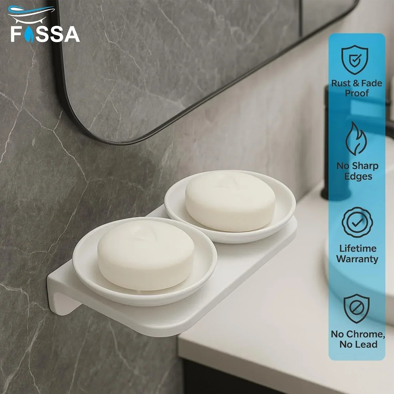 White glossy round double soap dish made of unbreakable melamine for modern bathroom vanities — view 2