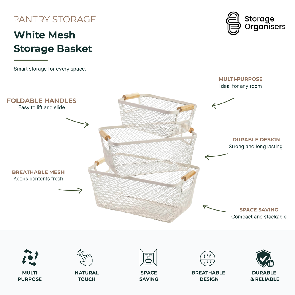 White steel mesh storage basket with foldable natural bamboo wooden handles for home organisation — view 5
