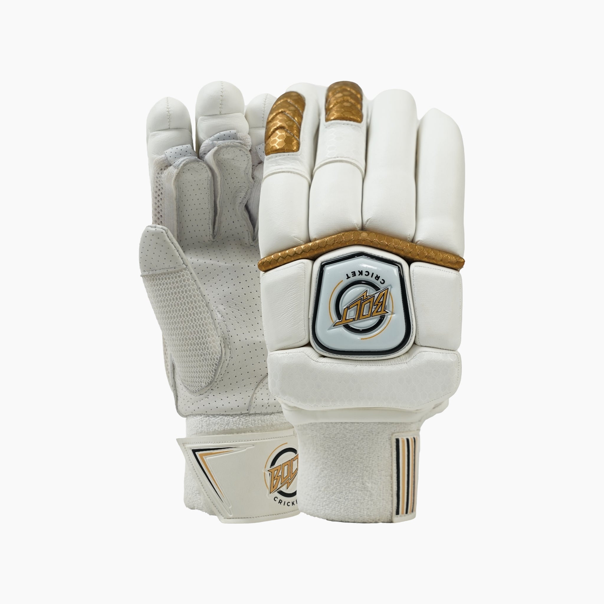 Youth cricket batting gloves by Bolt Specter featuring white protective padding and genuine leather palms — view 3