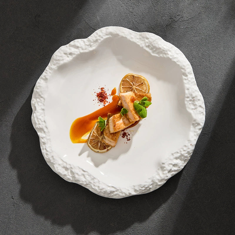 Rock pattern ceramic plate in soft matte finish, modern flat shallow dining dish with skirted edge — view 2