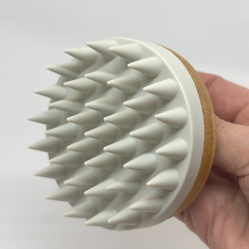Handcrafted Wabi Sabi scalp scrubber massager with unique fire branded details for wet or dry use — view 4