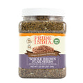 Whole brown flax seeds in a clear premium food storage jar with label