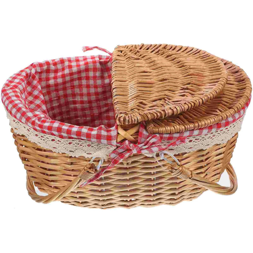 Rustic woven storage basket in natural wicker and cloth with double carrying handles for home decor