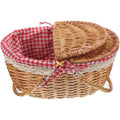 Rustic woven storage basket in natural wicker and cloth with double carrying handles for home decor