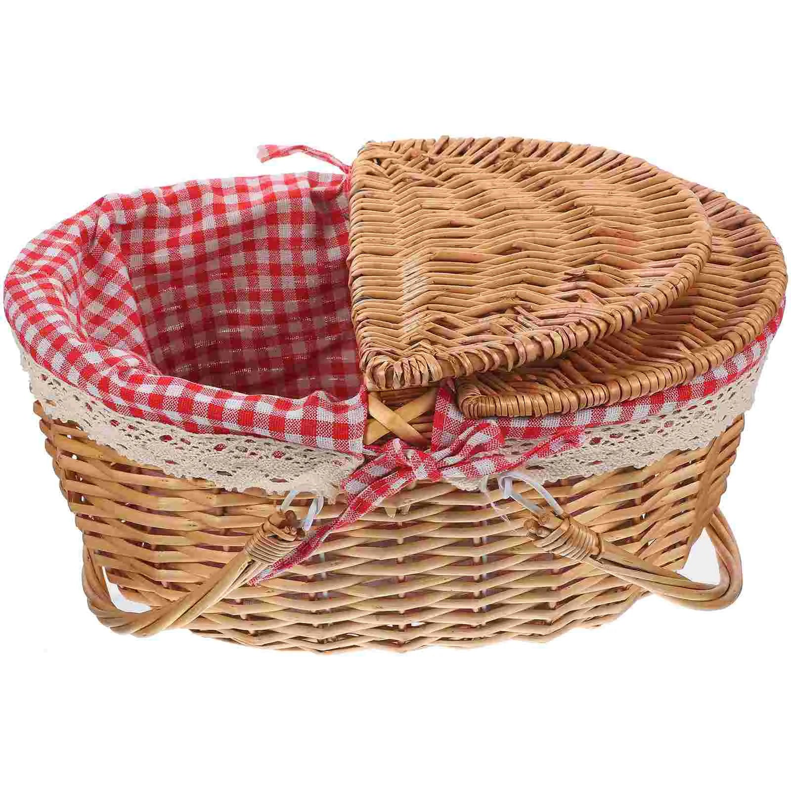 Rustic woven storage basket in natural wicker and cloth with double carrying handles for home decor