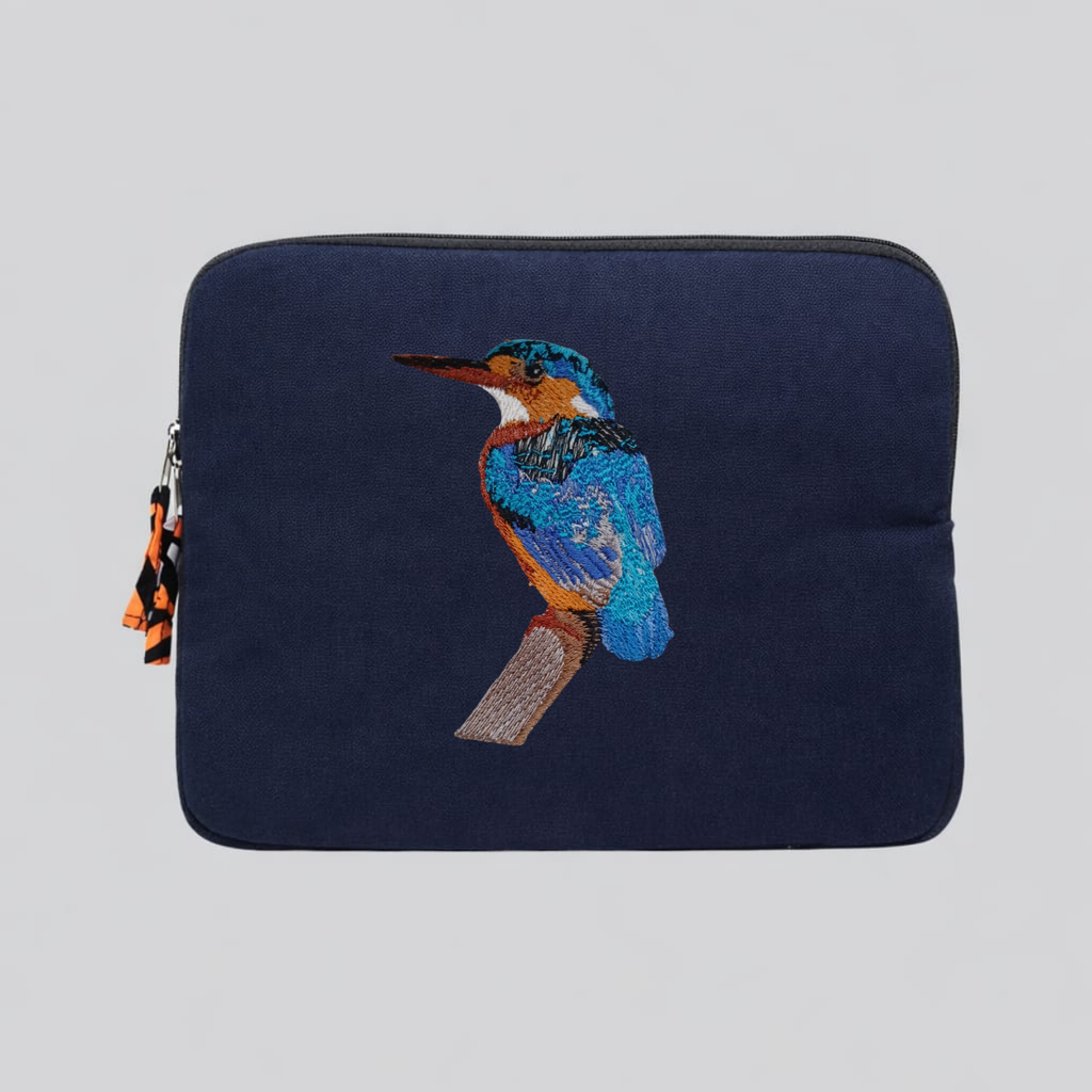 Malachite Kingfisher embroidered 13 to 14 inch laptop sleeve in warm earthy cotton canvas. — view 3