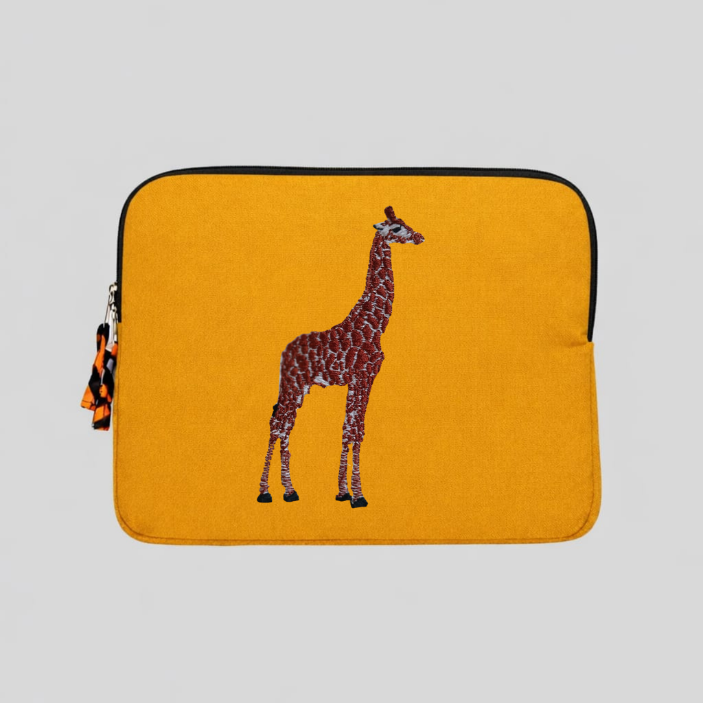 Giraffe laptop sleeve in earthy cotton canvas featuring stitched animal embroidery for 13-14 inch devices — view 2
