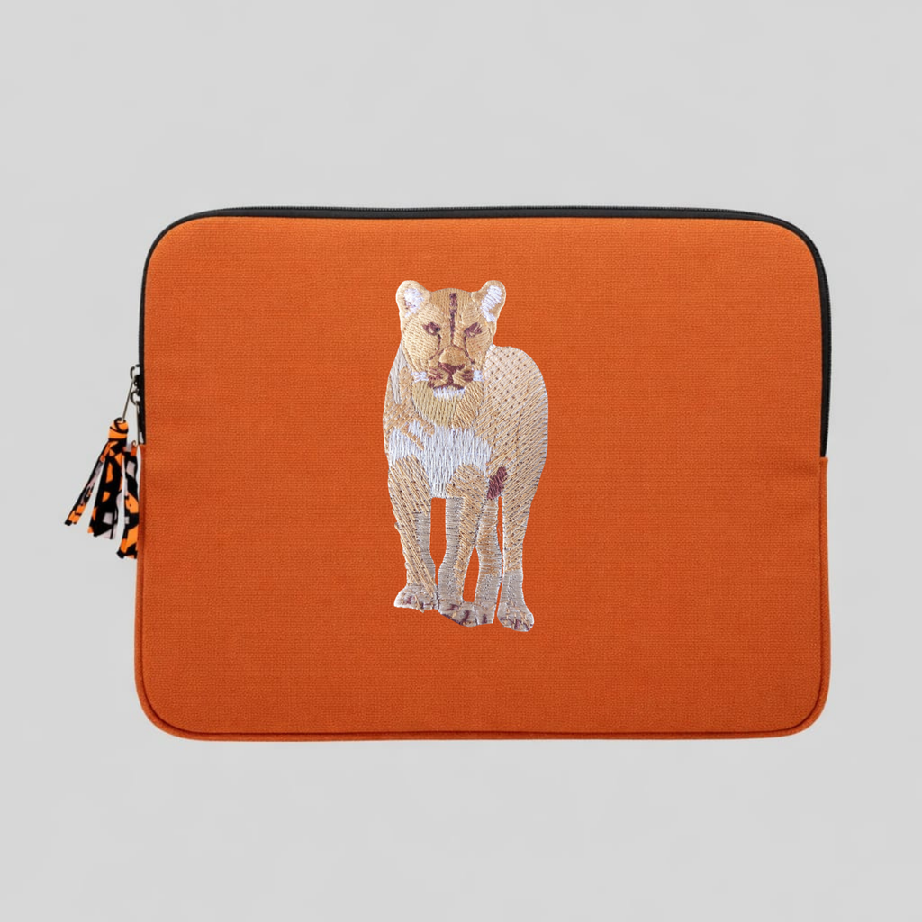 Lion laptop sleeve in handmade cotton canvas with intricate wildlife embroidery and protective padding. — view 5