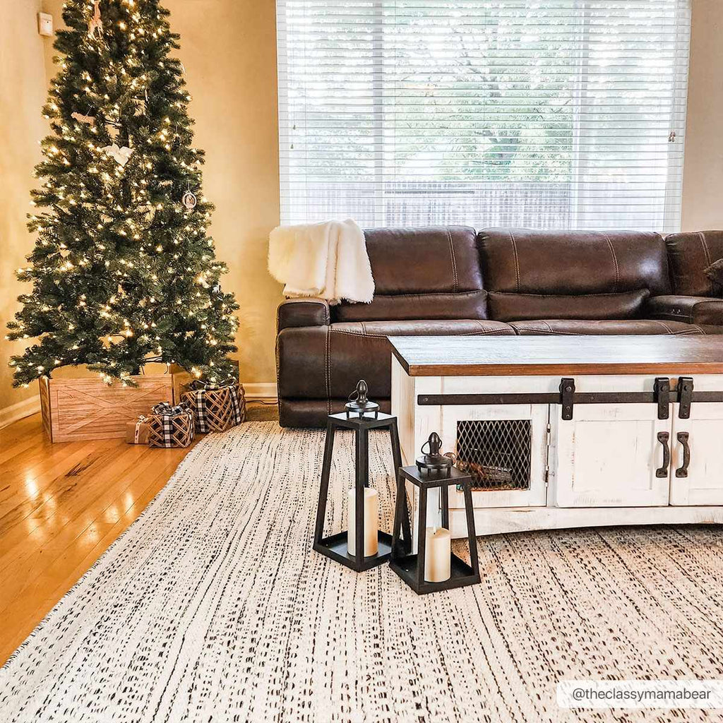 Williford cream and black striped hand woven pure wool area rug with medium pile — view 2