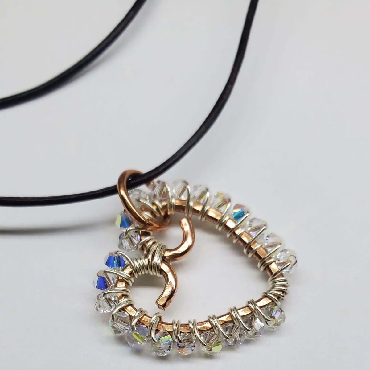 Wire Wrapped Copper Hammered Open Heart Crystal Necklace-1