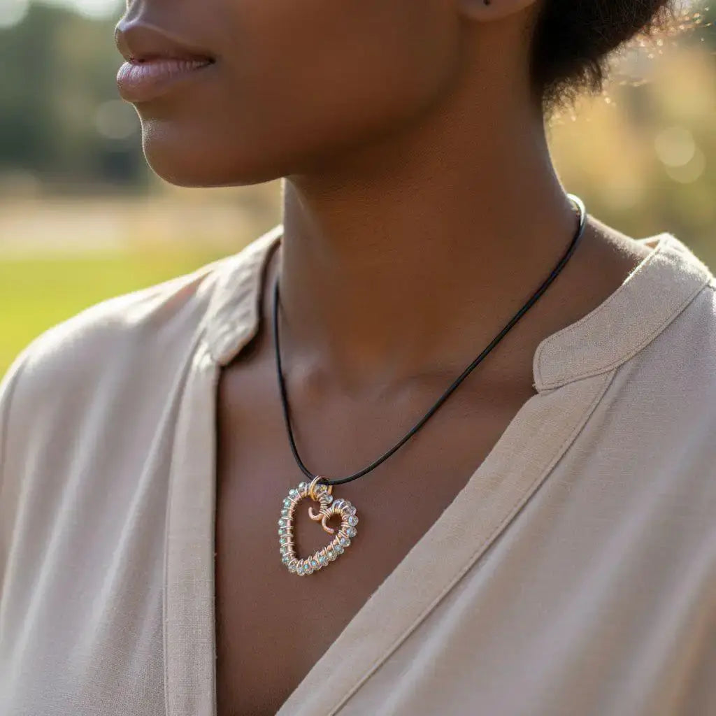 Wire Wrapped Copper Hammered Open Heart Crystal Necklace-2