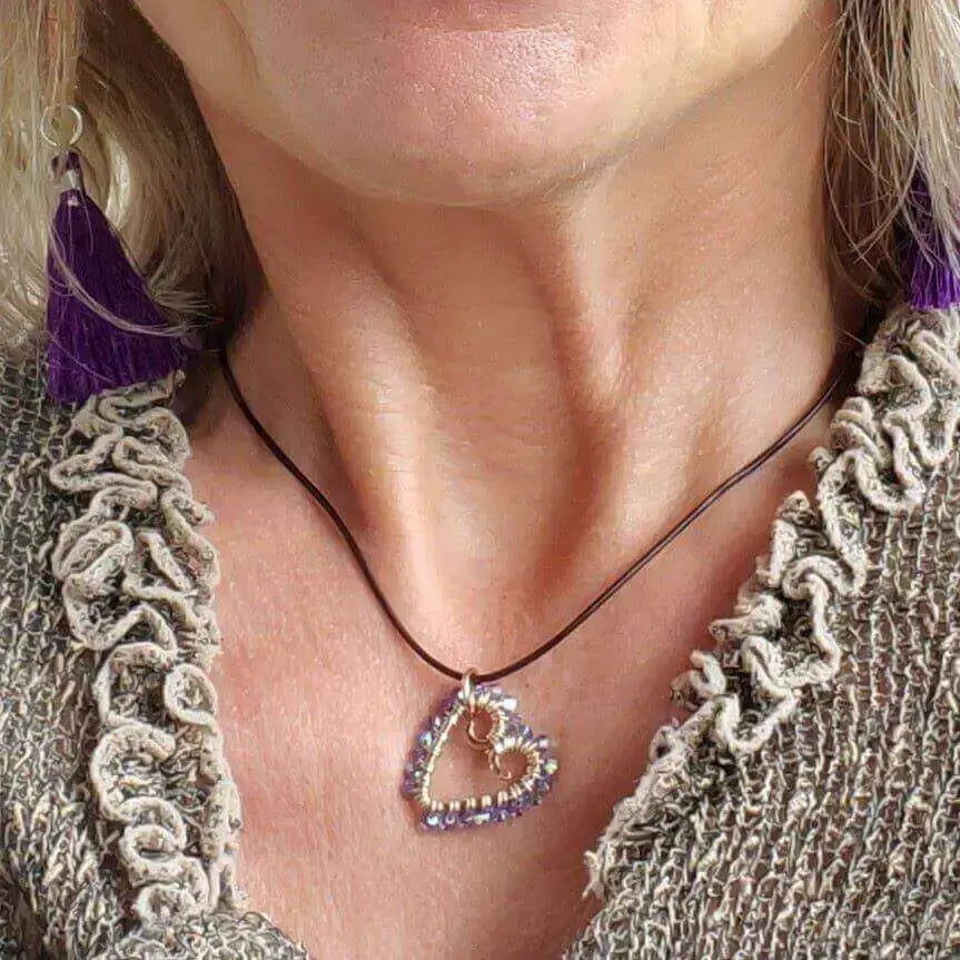 Wire Wrapped Copper Hammered Open Heart Crystal Necklace-4