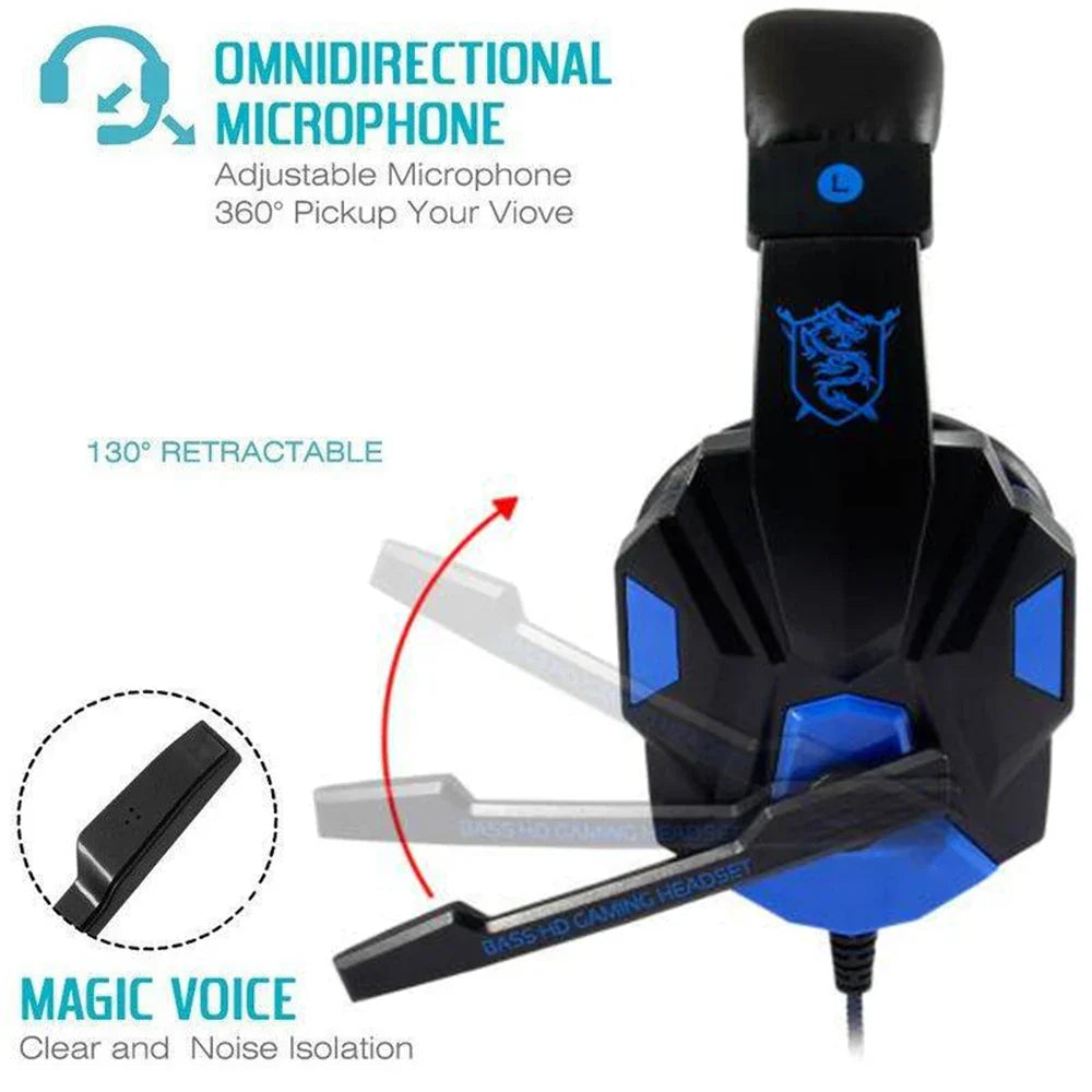Blue wired gaming headset with adjustable noise cancelling microphone and soft over ear cushions — view 3