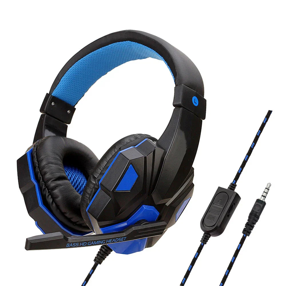 Blue wired gaming headset with adjustable noise cancelling microphone and soft over ear cushions