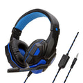 Blue wired gaming headset with adjustable noise cancelling microphone and soft over ear cushions