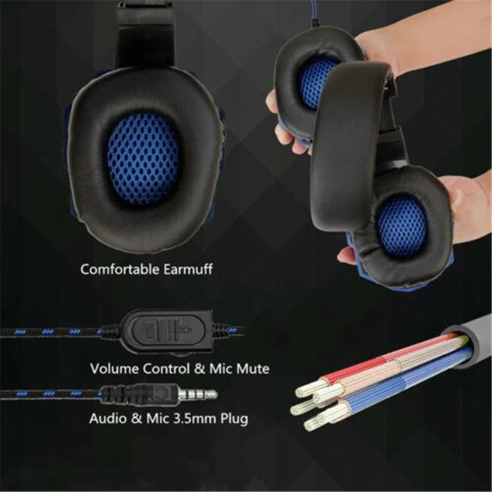 Blue wired gaming headset with adjustable noise cancelling microphone and soft over ear cushions — view 2