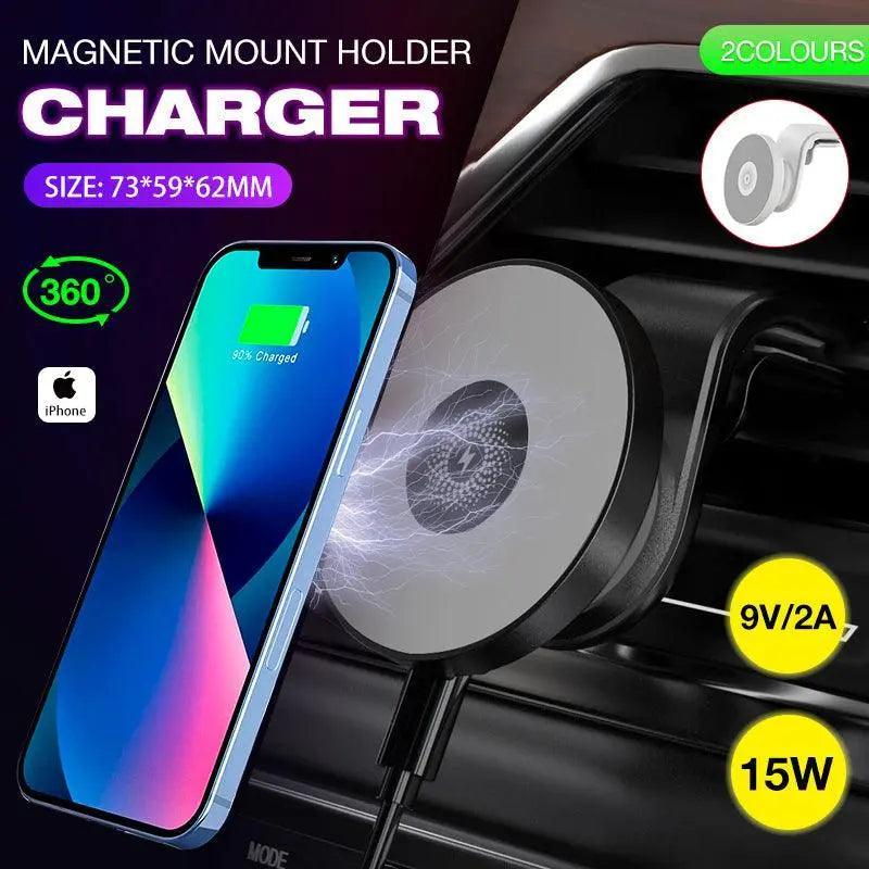 Black 15W magnetic car mount charger with rotating vent clip for wireless iPhone charging