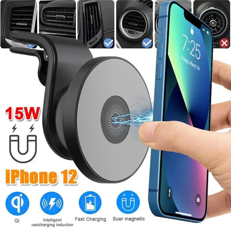 Black 15W magnetic car mount charger with rotating vent clip for wireless iPhone charging — view 3
