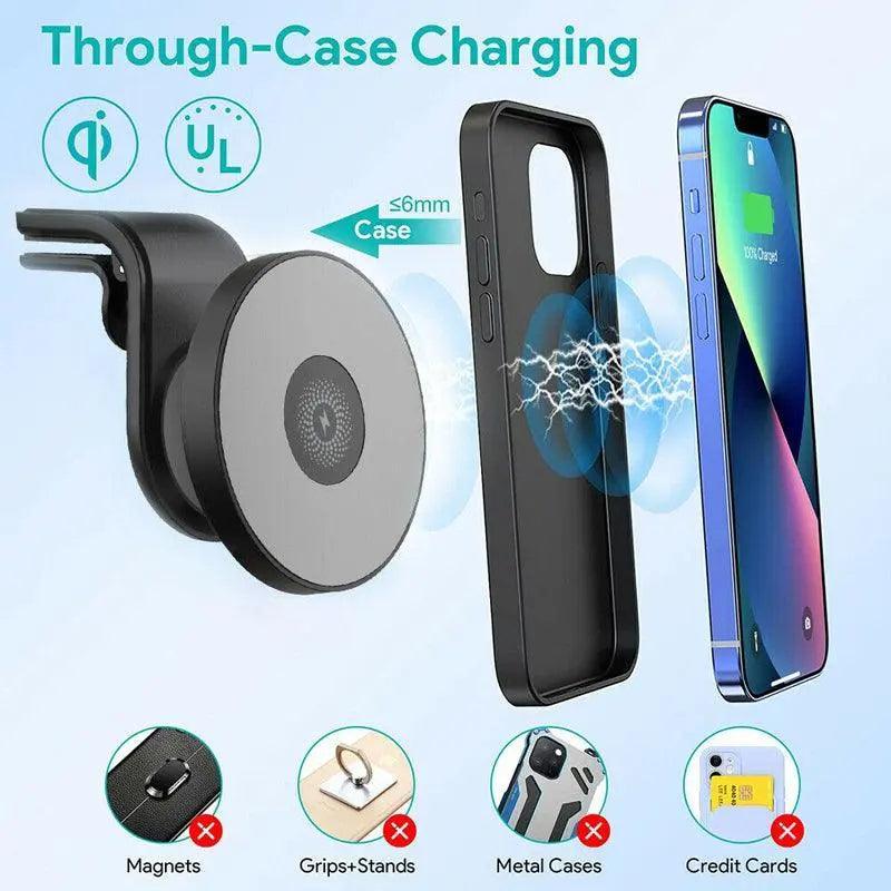 Black 15W magnetic car mount charger with rotating vent clip for wireless iPhone charging — view 5