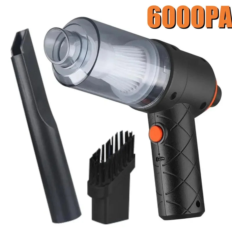 Black cordless car vacuum cleaner with nozzle attachments and charging cable on a clean background — view 2