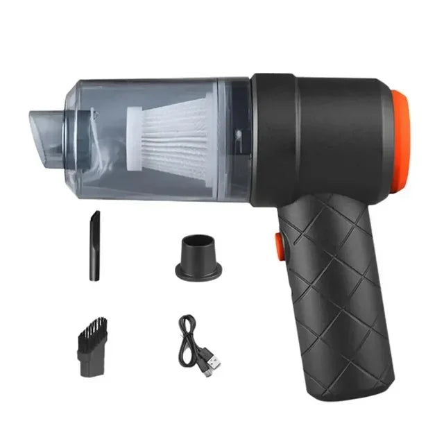 Black cordless car vacuum cleaner with nozzle attachments and charging cable on a clean background