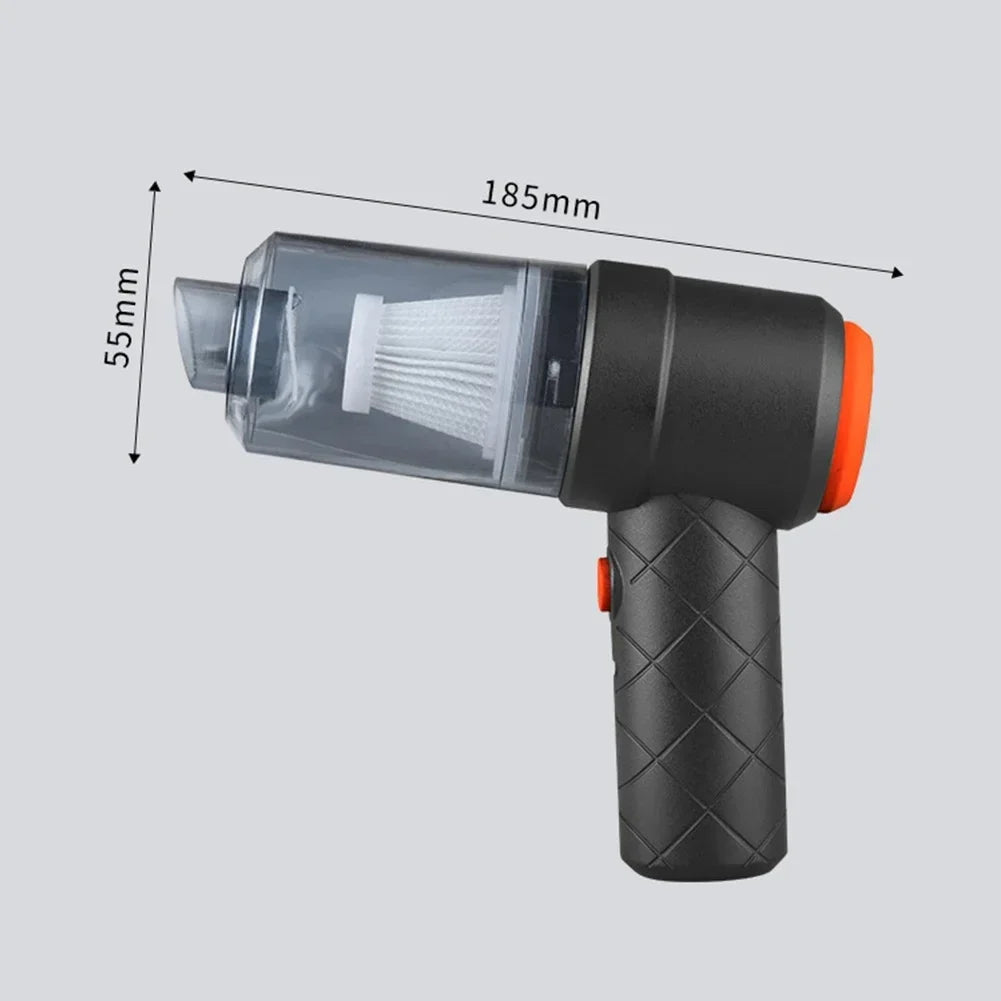 Black cordless car vacuum cleaner with nozzle attachments and charging cable on a clean background — view 3